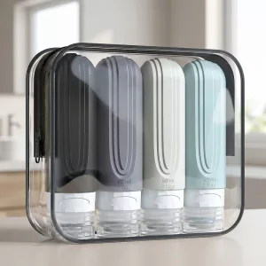 4-tlg. nachfüllbares Flaschenspender-Set mit Silikon-Reisetasche